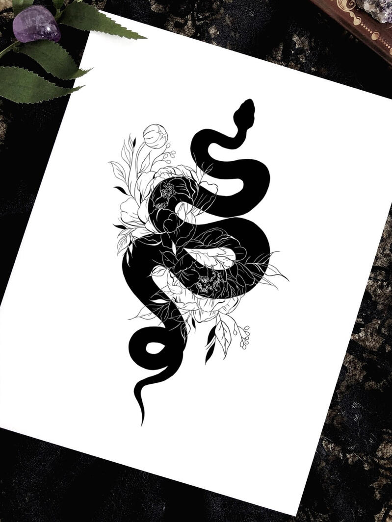 Snake and Peonies Art Print $20 USD
