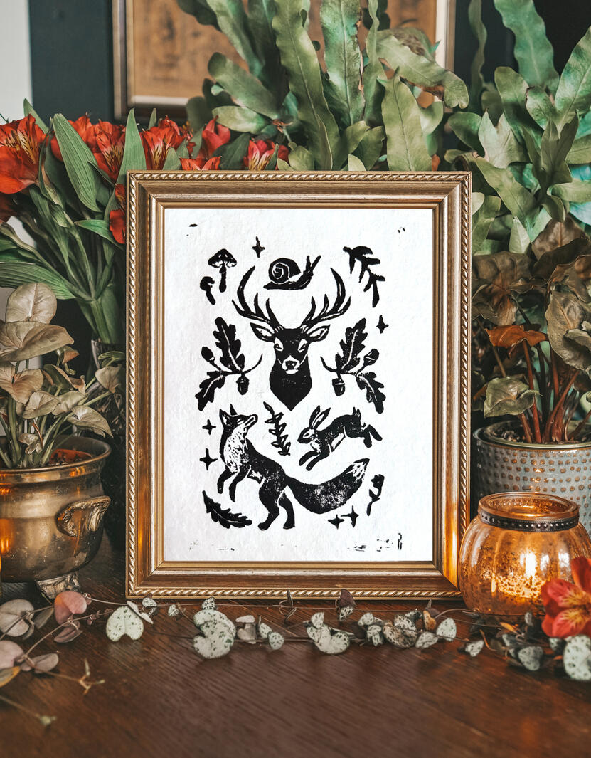 Woodland Linocut Print $12 USD